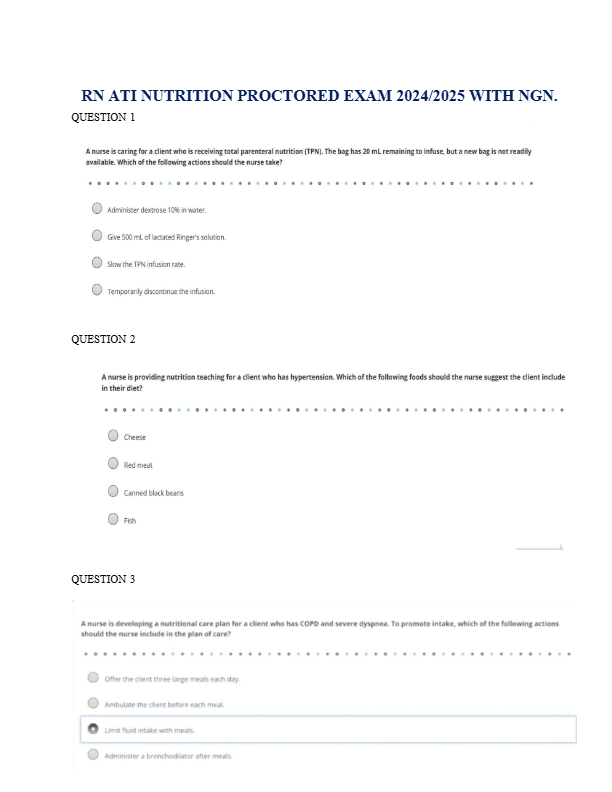 RN ATI NUTRITION PROCTORED EXAM 2024/2025 WITH NGN.