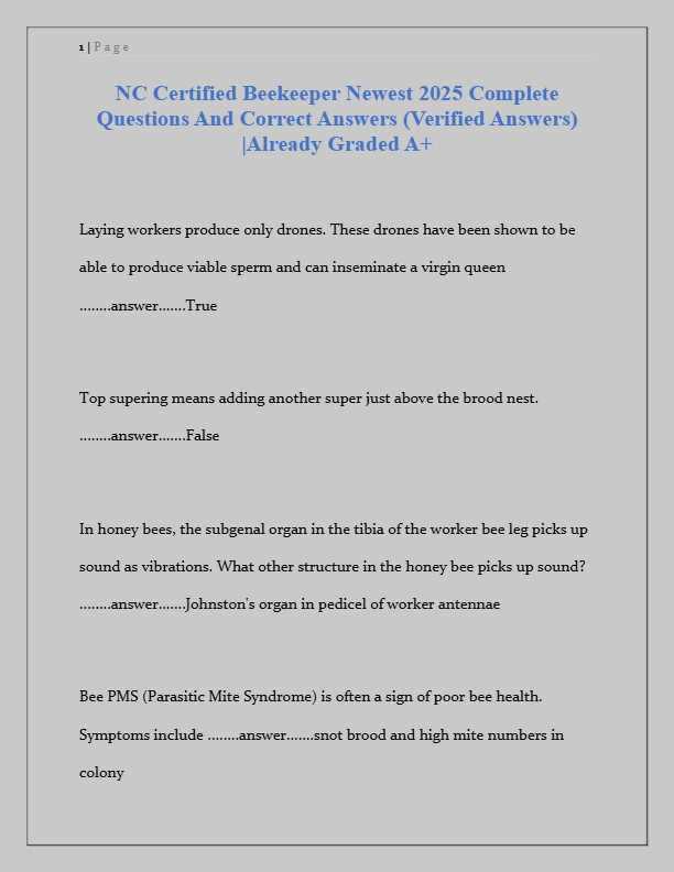 NC Certified Beekeeper Exam 2025: Complete Questions & Verified Answers
