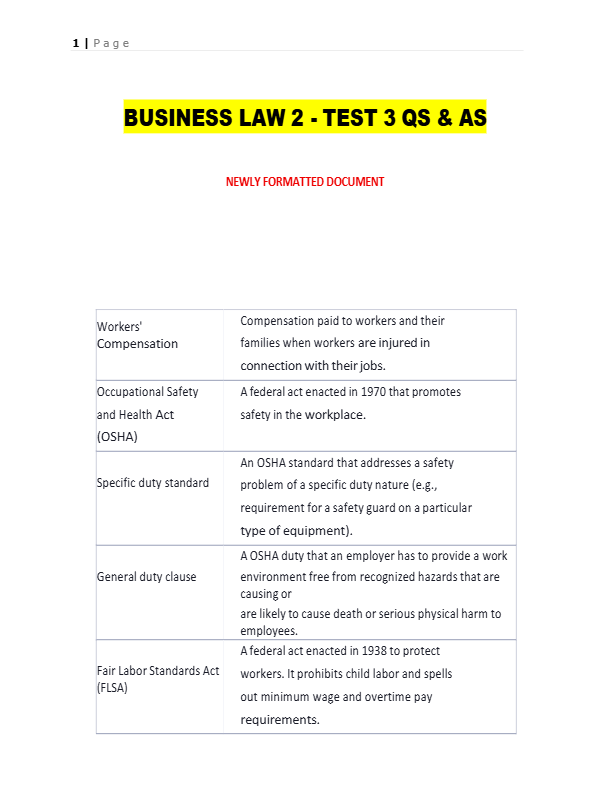 BUSINESS LAW 2 - TEST 3 QS &amp; AS
