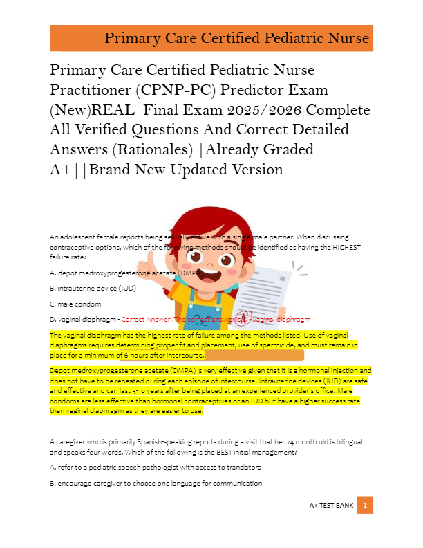 Primary Care Certified Pediatric Nurse  Practitioner (CPNP-PC) Predictor Exam  (New)REAL  Final Exam