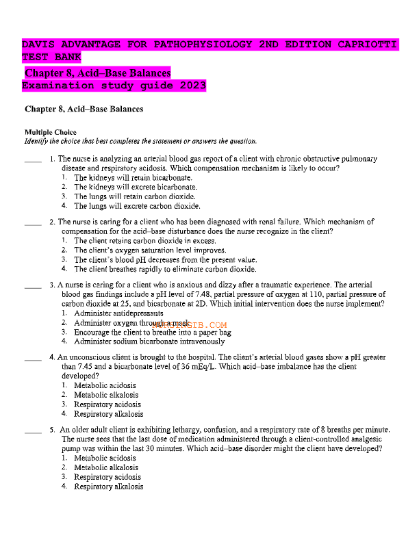 Pathophysiology Test Bank 2025 | Capriotti 2nd Edition | Davis Advantage | Acid-Base &amp; Clinical Conc