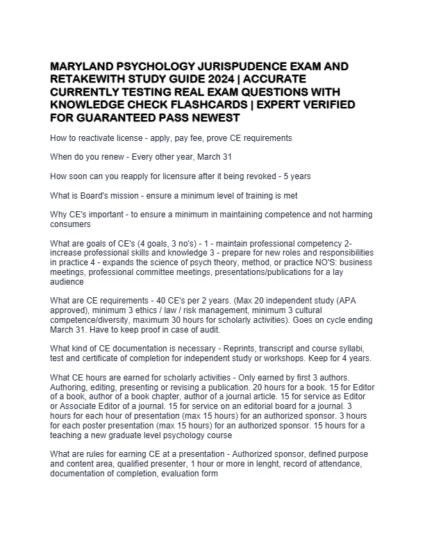 MARYLAND PSYCHOLOGY JURISPUDENCE EXAM AND RETAKEWITH STUDY GUIDE 2025