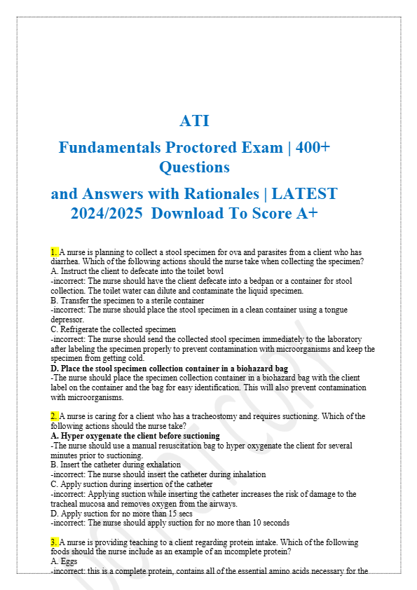 ATI  Fundamentals Proctored Exam | 400+  Questions  and Answers with Rationales | LATEST  2024/2025
