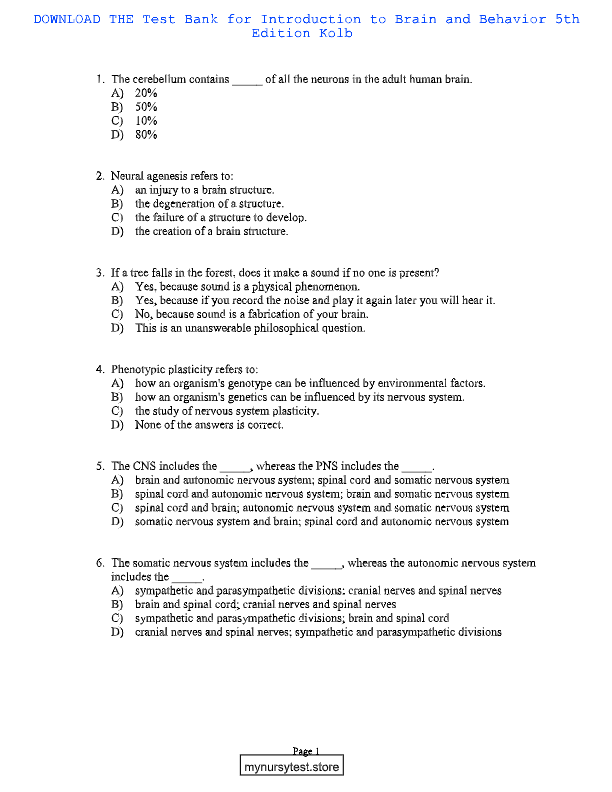 An Introduction to Brain and Behavior 6th Edition Test Bank | Kolb, Whishaw & Teskey | All Chapters