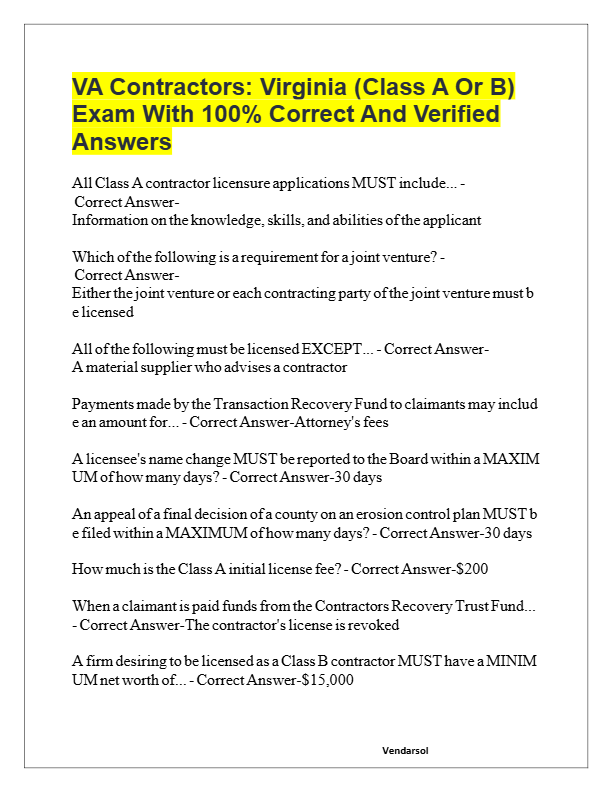 Virginia Class A & B Contractors Licensing Exam 2025 – Actual Test Questions & Complete Solutions