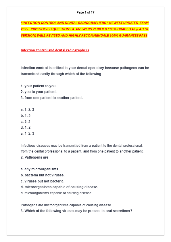 “INFECTION CONTROL AND DENTAL RADIOGRAPHERS “ NEWEST UPDATED  EXAM   2025 – 2026 SOLVED QUESTIONS &