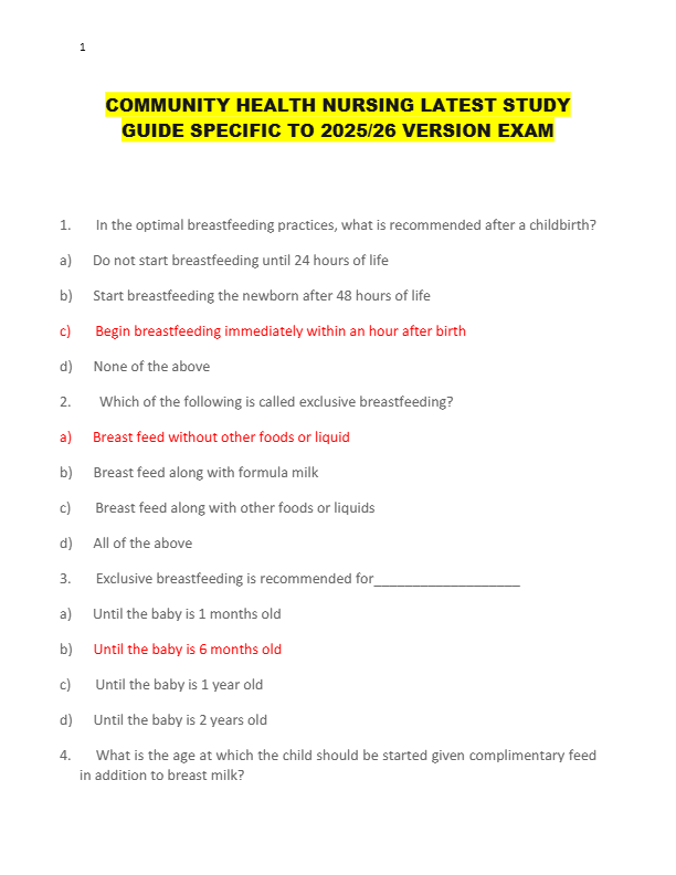 COMMUNITY HEALTH NURSING LATEST STUDY  GUIDE SPECIFIC TO 2025/26 VERSION EXAM
