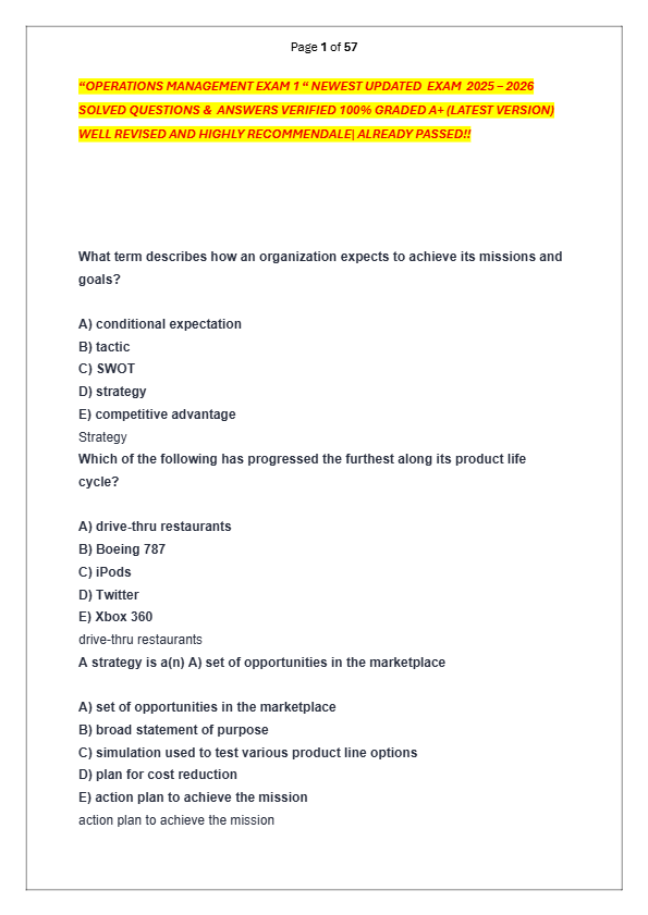 “OPERATIONS MANAGEMENT EXAM 1 “ NEWEST UPDATED  EXAM  2025 – 2026  SOLVED QUESTIONS &  ANSWERS VERIF