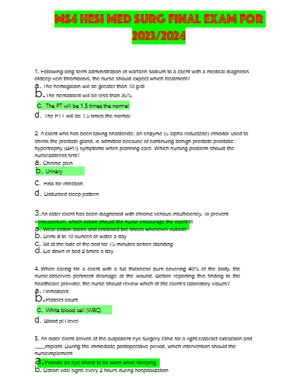 MS4 HESI MED SURG FINAL EXAM FOR  2023/2024
