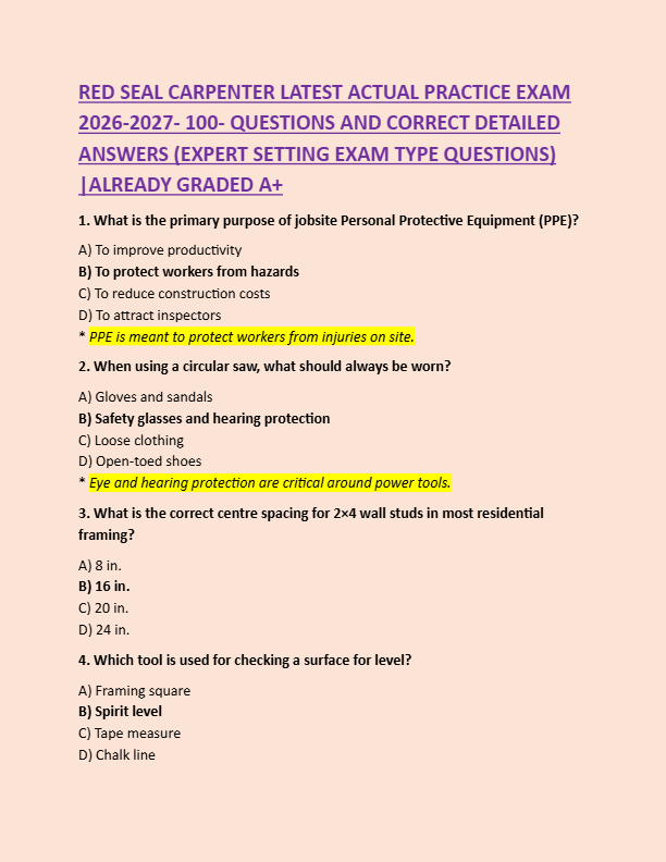 RED SEAL CARPENTER LATEST ACTUAL PRACTICE EXAM  2026-2027- 100- QUESTIONS AND CORRECT DETAILED  ANSW