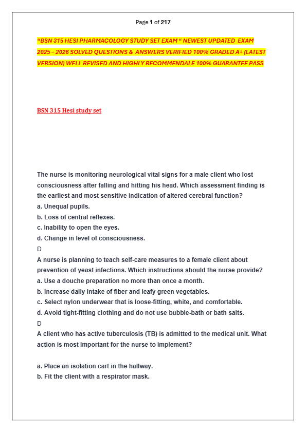 “BSN 315 HESI PHARMACOLOGY STUDY SET EXAM “ NEWEST UPDATED  EXAM   2025 – 2026 SOLVED QUESTIONS &  A