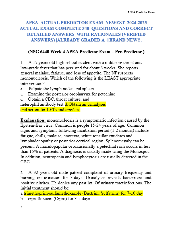 APEA ACTUAL PREDICTOR EXAM NEWEST 2024-2025 ACTUAL EXAM COMPLETE 340 QUESTIONS AND CORRECT ANSWERS