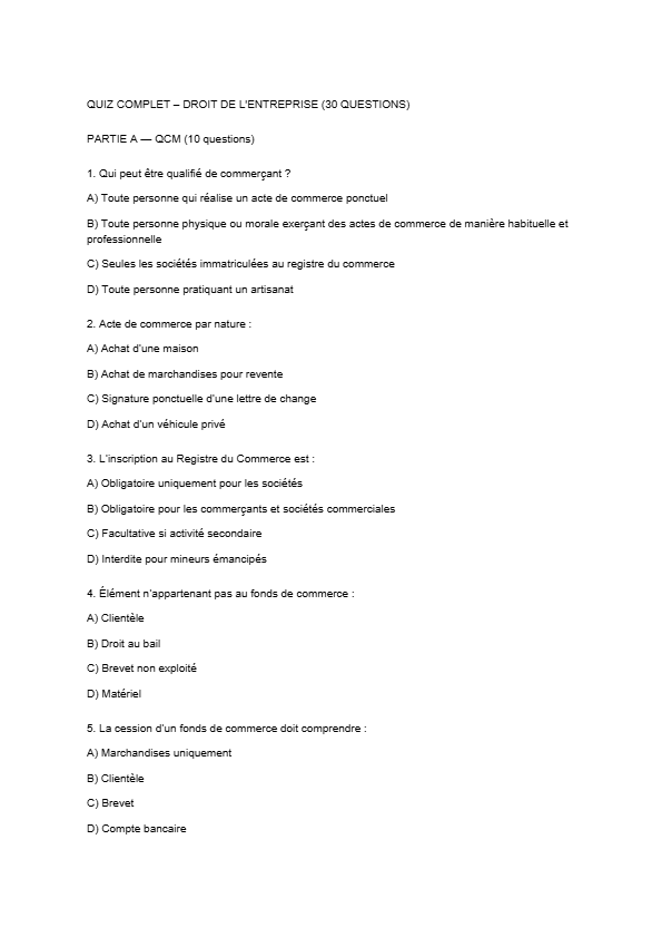 droit de l'entreprise S3 universitaire QCM