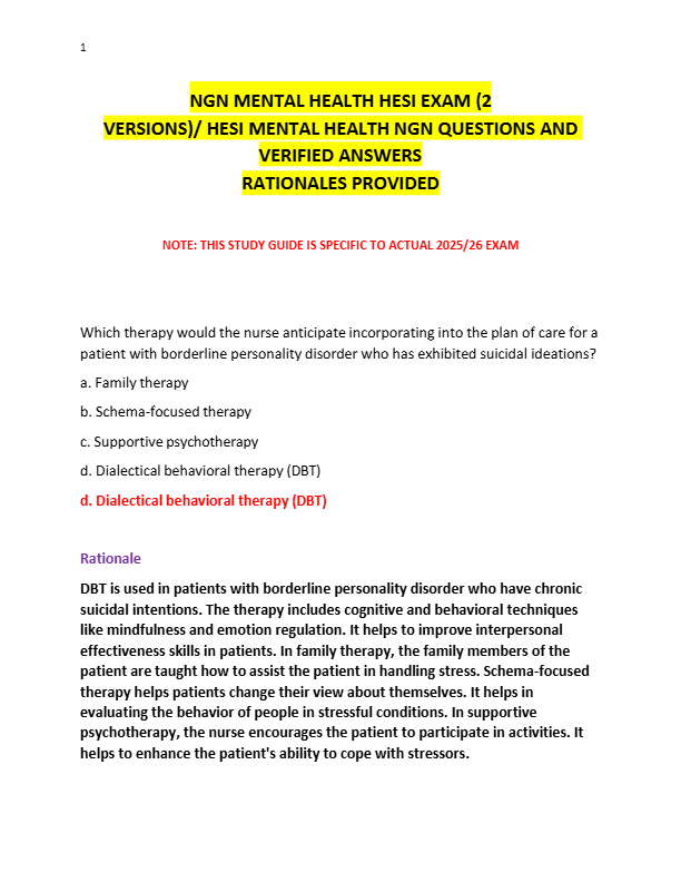 NGN MENTAL HEALTH HESI EXAM (2  VERSIONS)/ HESI MENTAL HEALTH NGN