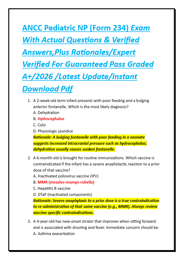 ANCC Pediatric NP (Form 234) Exam  With Actual Questions & Verified  Answers,Plus Rationales/Expert
