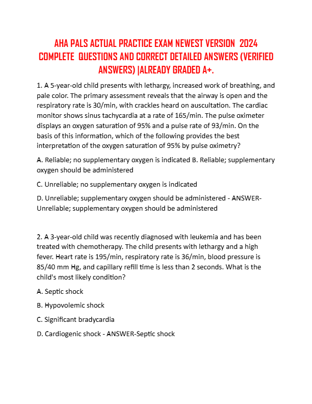 AHA PALS ACTUAL PRACTICE EXAM NEWEST VERSION 2024 COMPLETE QUESTIONS AND CORRECT DETAILED ANSWERS