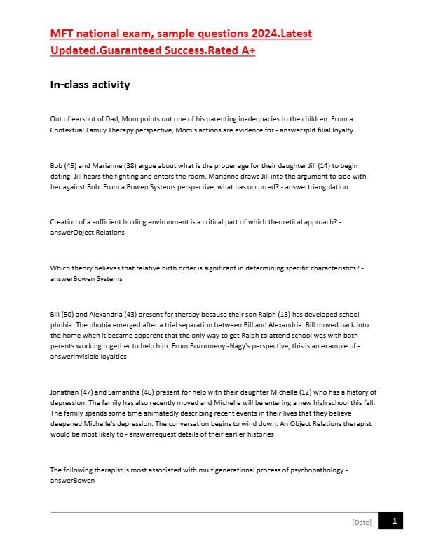 MFT national exam, sample questions 2024 Latest  Updated Guaranteed Success.Rated A+