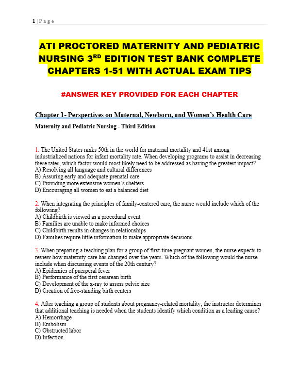 ATI PROCTORED MATERNITY AND PEDIATRIC  NURSING 3RD EDITION TEST BANK