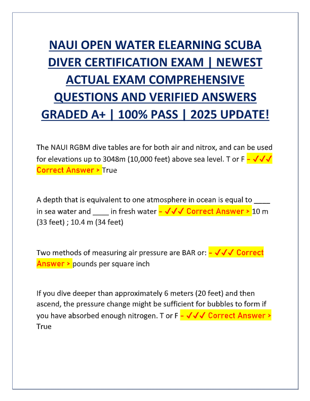 NAUI Open Water Scuba Diver Certification Exam 2025 – Actual Questions & Verified Answers (Latest Up