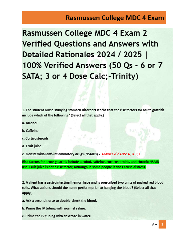 Rasmussen College MDC 4 Exam 2  Verified Questions and Answers with  Detailed Rationales 2024 / 2025