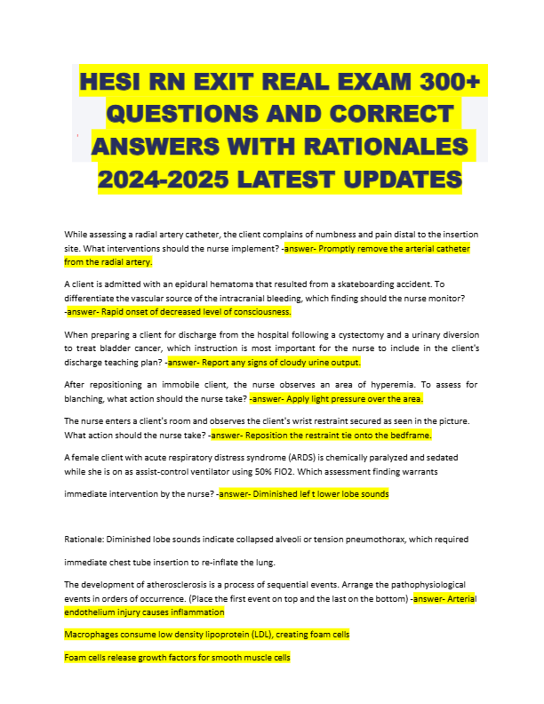 HESI RN EXIT REAL EXAM 300+  QUESTIONS AND CORRECT  ANSWERS WITH RATIONALES  2024-2025 LATEST UPDATE