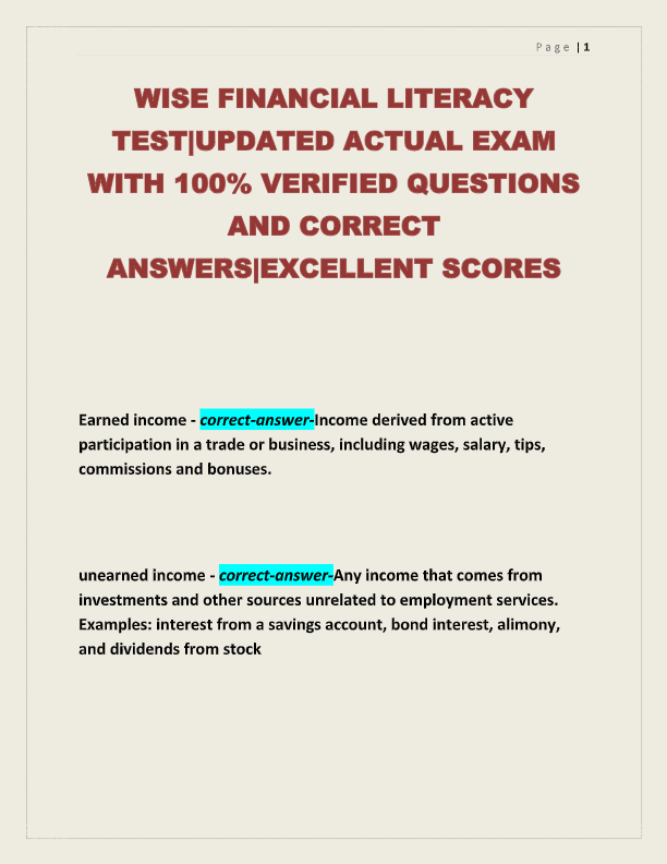 WISE Financial Literacy Final Exam Prep 2025–2026: 100% Accurate Questions & Detailed Answers | Guar