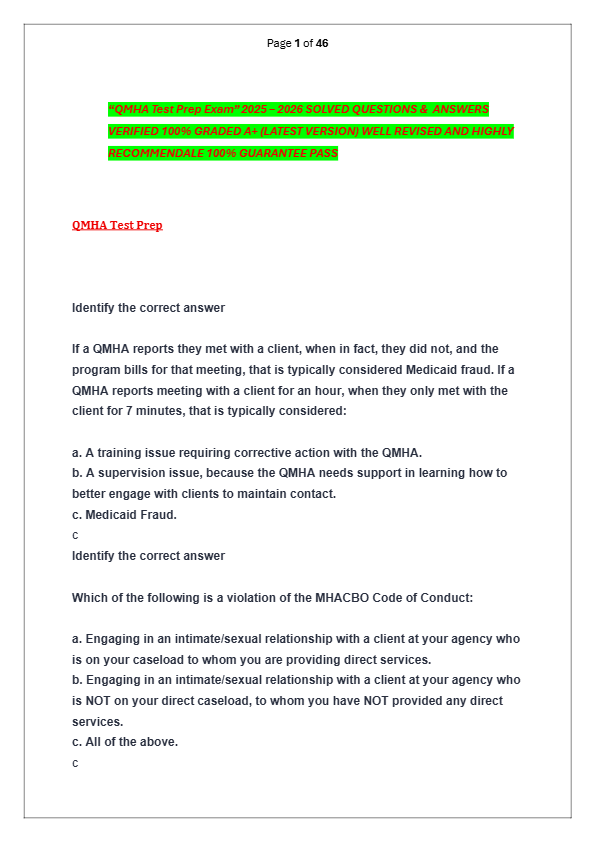 “QMHA Test Prep Exam” 2025 – 2026 SOLVED QUESTIONS &  ANSWERS  VERIFIED 100% GRADED A+ (LATEST VERSI