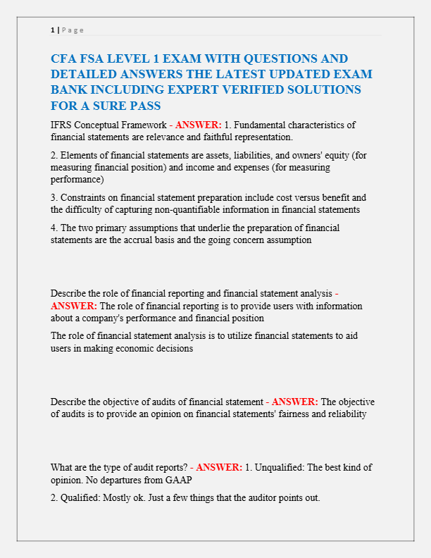 CFA FSA LEVEL 1 EXAM WITH QUESTIONS AND  DETAILED ANSWERS THE LATEST UPDATED EXAM  BANK INCLUDING E