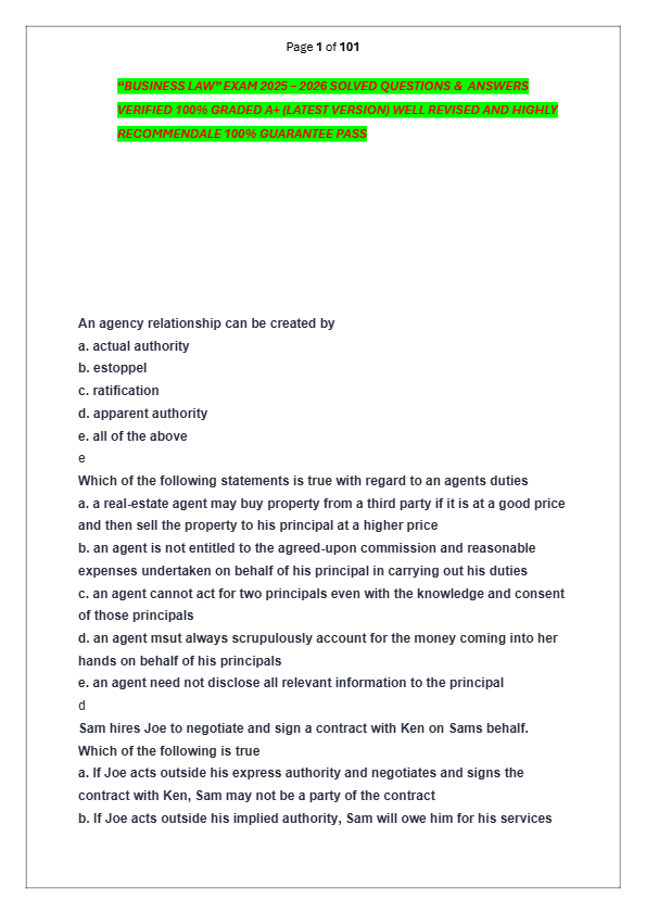 “BUSINESS LAW” EXAM 2025 – 2026 SOLVED QUESTIONS &  ANSWERS  VERIFIED 100% GRADED A+ (LATEST VERSION