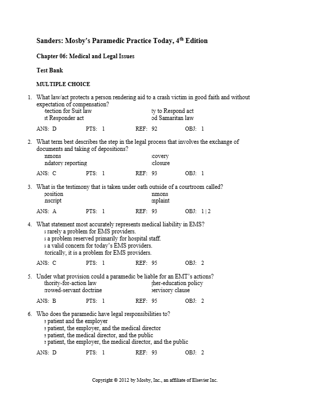 Paramedic Care: Medical Emergencies 5th Edition Test Bank – Chapters 1–13 | Bledsoe &amp; Cherry