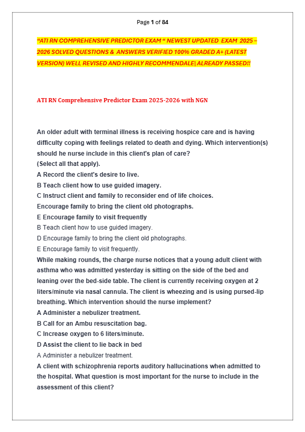 “ATI RN COMPREHENSIVE PREDICTOR EXAM “ NEWEST UPDATED  EXAM  2025 –  2026 SOLVED QUESTIONS &amp;  ANSWER