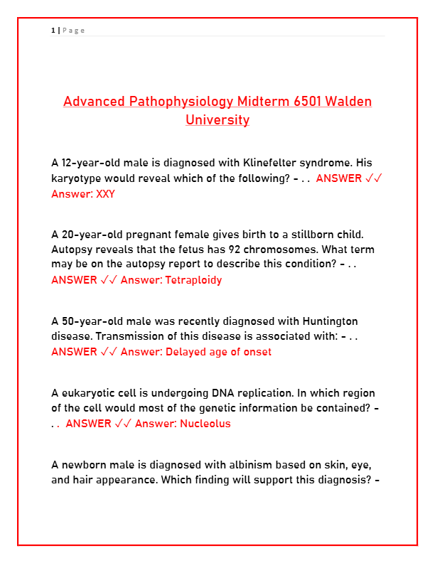Advanced Pathophysiology Midterm 6501 – Walden University Study Guide & Practice Questions