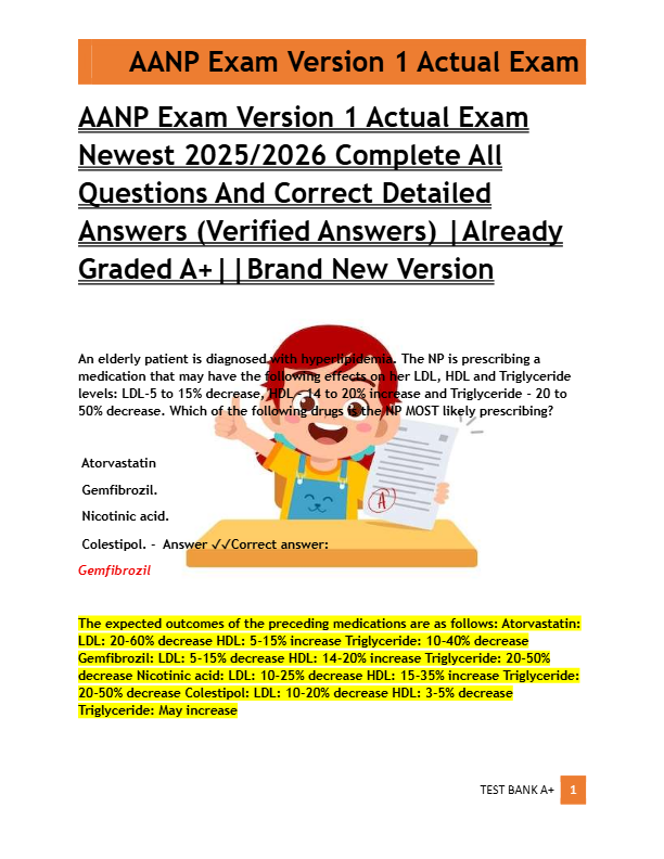 AANP Exam Version 1 Actual Exam  Newest 2025/2026 Complete All  Questions And Correct Detailed  Answ