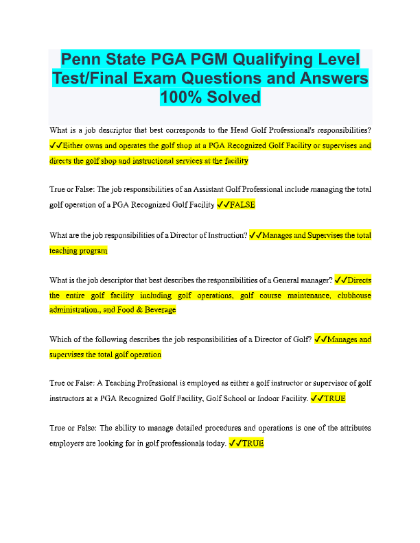 Penn State PGA PGM Qualifying Level Test 2025: Final Exam Questions & Answers