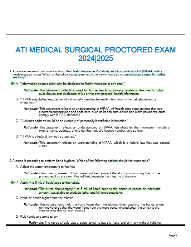 ATI MEDICAL SURGICAL PROCTORED EXAM  2024-2025