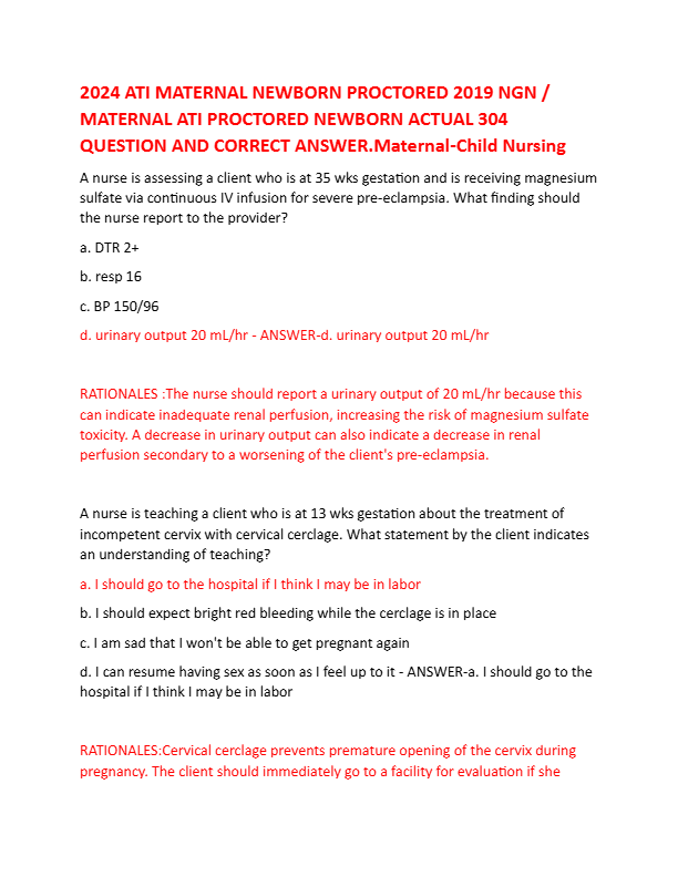 2024 ATI MATERNAL NEWBORN PROCTORED 2019 NGN / MATERNAL ATI PROCTORED NEWBORN ACTUAL EXAM