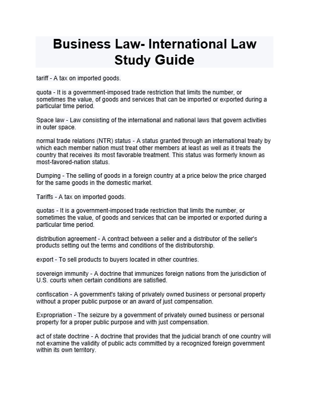Business Law- International Law Study Guide- International Law Study Guide