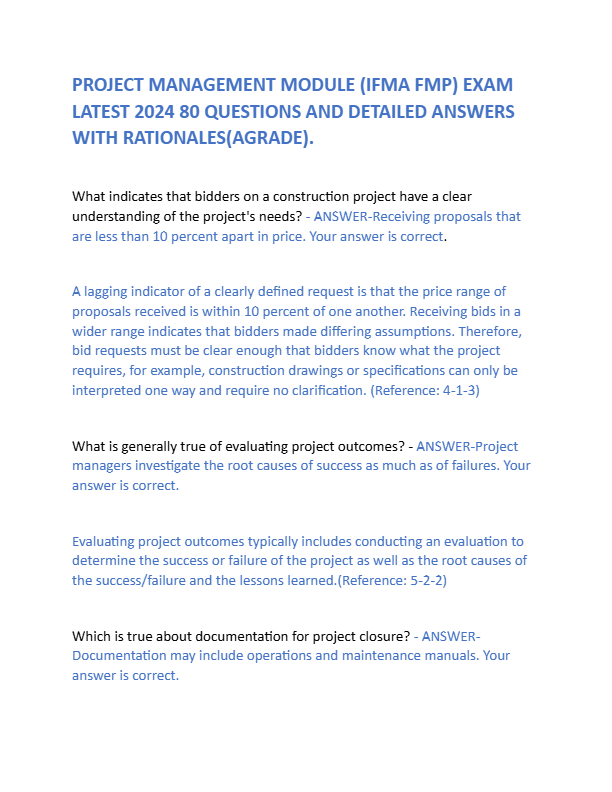 PROJECT MANAGEMENT MODULE (IFMA FMP) EXAM LATEST 2024 80 QUESTIONS AND DETAILED ANSWERS