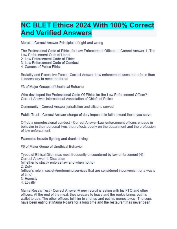 NC BLET Ethics 2025 Exam: Most Tested Questions & Verified Answers