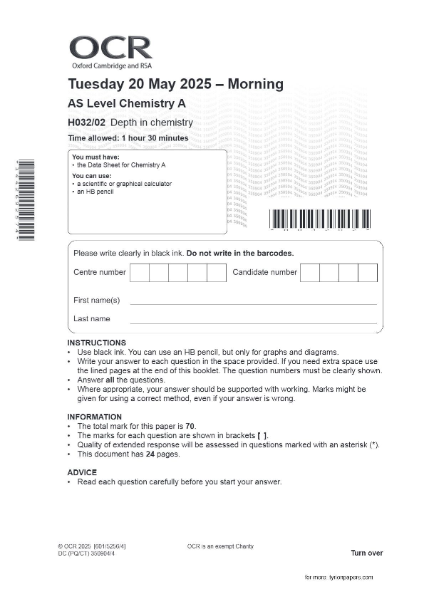 OCR AS Level Chemistry A H032/02 Depth in chemistry June 2025