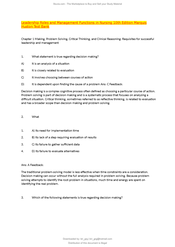 Test Bank - Leadership Roles and Management Functions in Nursing 10th Edition
