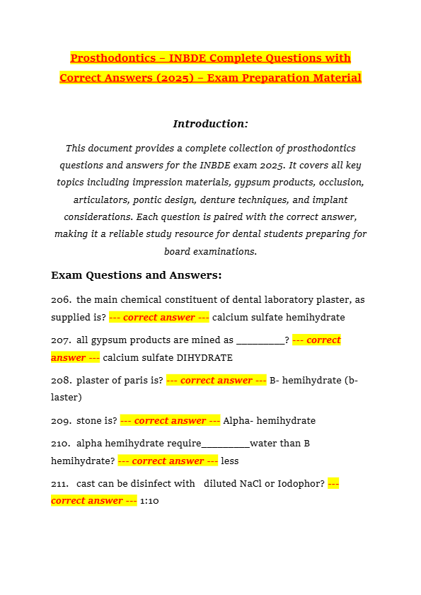 Prosthodontics – INBDE Complete Questions with Correct Answers (2025) – Exam Preparation Material