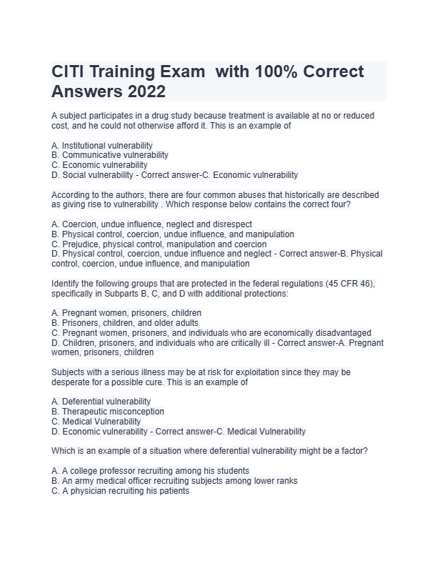 CITI Training Exam  with 100% Correct  Answers 2022