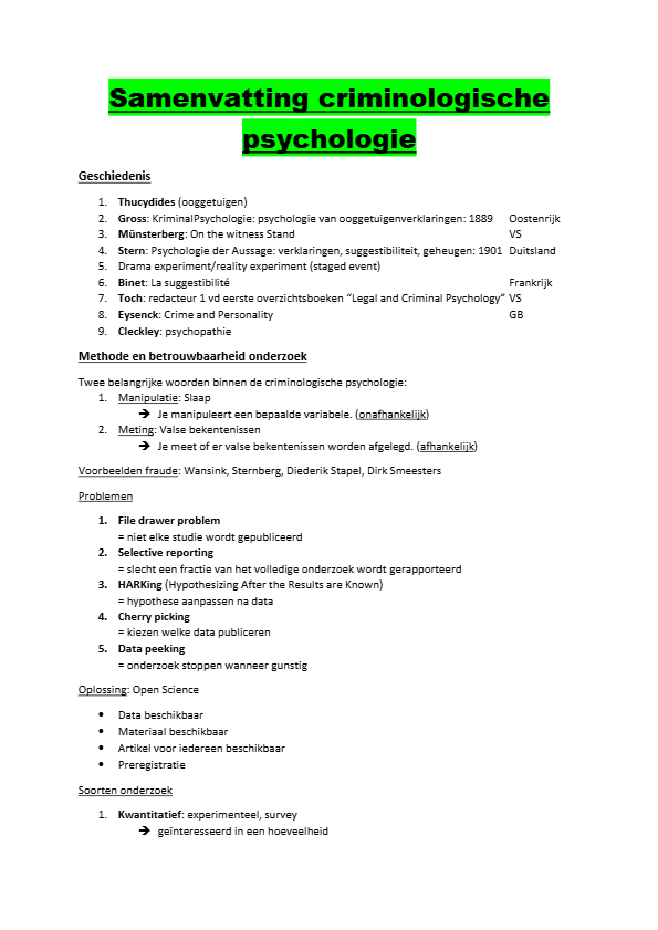 Samenvatting criminologische  psychologie 2026 New