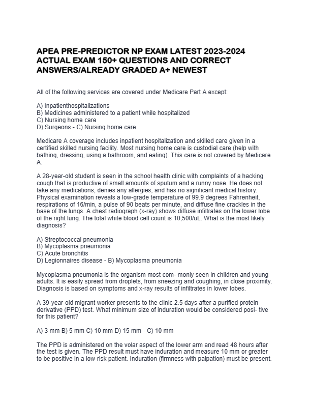 APEA PRE-PREDICTOR NP EXAM LATEST ACTUAL EXAM 150+ QUESTIONS AND CORRECT ANSWERS