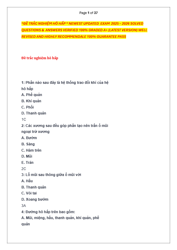 “ĐỀ TRẮC NGHIỆM HÔ HẤP “ NEWEST UPDATED  EXAM  2025 – 2026 SOLVED  QUESTIONS &  ANSWERS VERIFIED 100