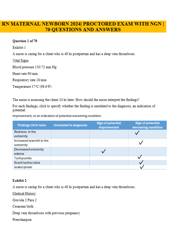 RN Maternal Newborn Proctored Exam 2024 – NGN 70 Questions & Verified Answers