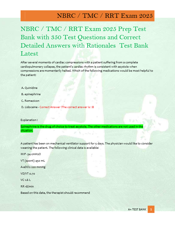 NBRC / TMC / RRT Exam 2025 Prep Test  Bank with 350 Test Questions and Correct  Detailed Answers wit