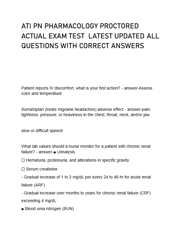 ATI PN PHARMACOLOGY PROCTORED  ACTUAL EXAM TEST  LATEST UPDATED ALL  QUESTIONS WITH CORRECT ANSWERS