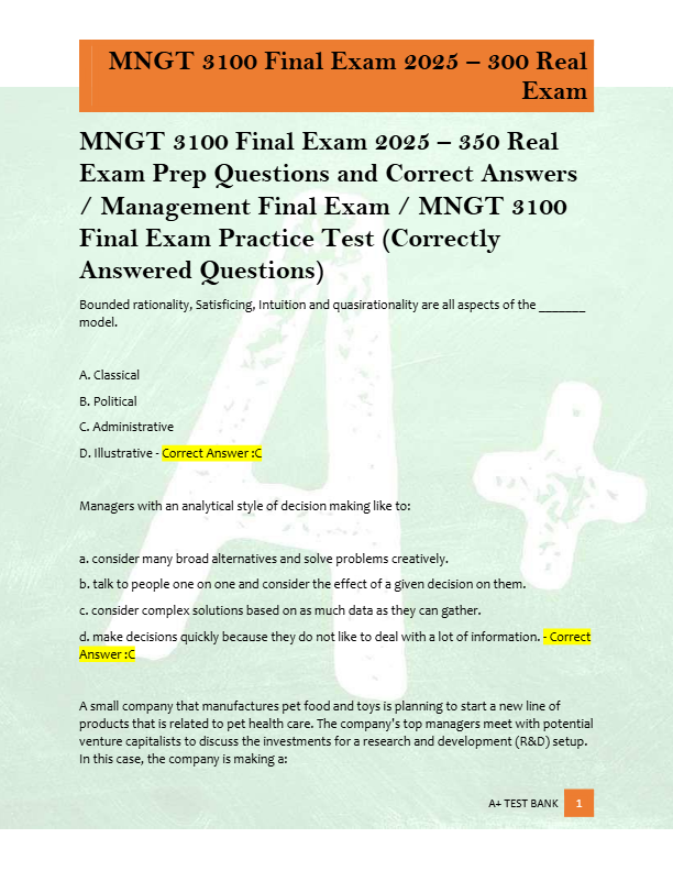 MNGT 3100 Final Exam 2025 – 350 Real  Exam Prep Questions and Correct Answers  / Management Final Ex